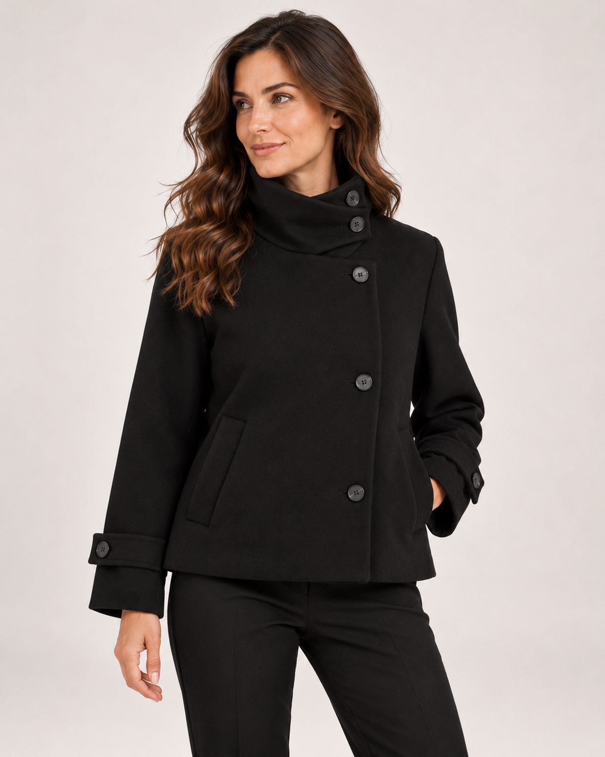 Women's black funnel neck coat three quarter view