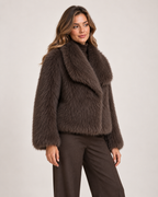 Women's brown cropped faux fur jacket three quarter view