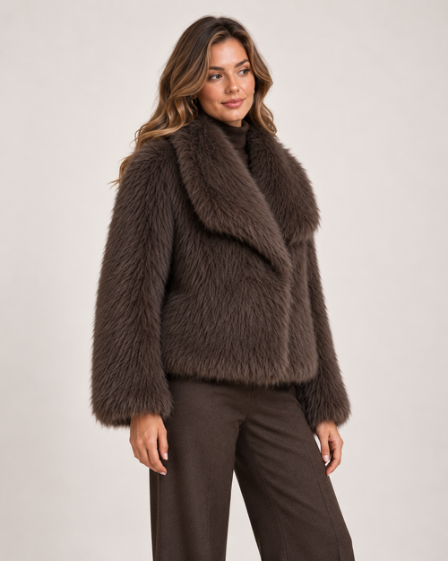 Women's brown cropped faux fur jacket three quarter view