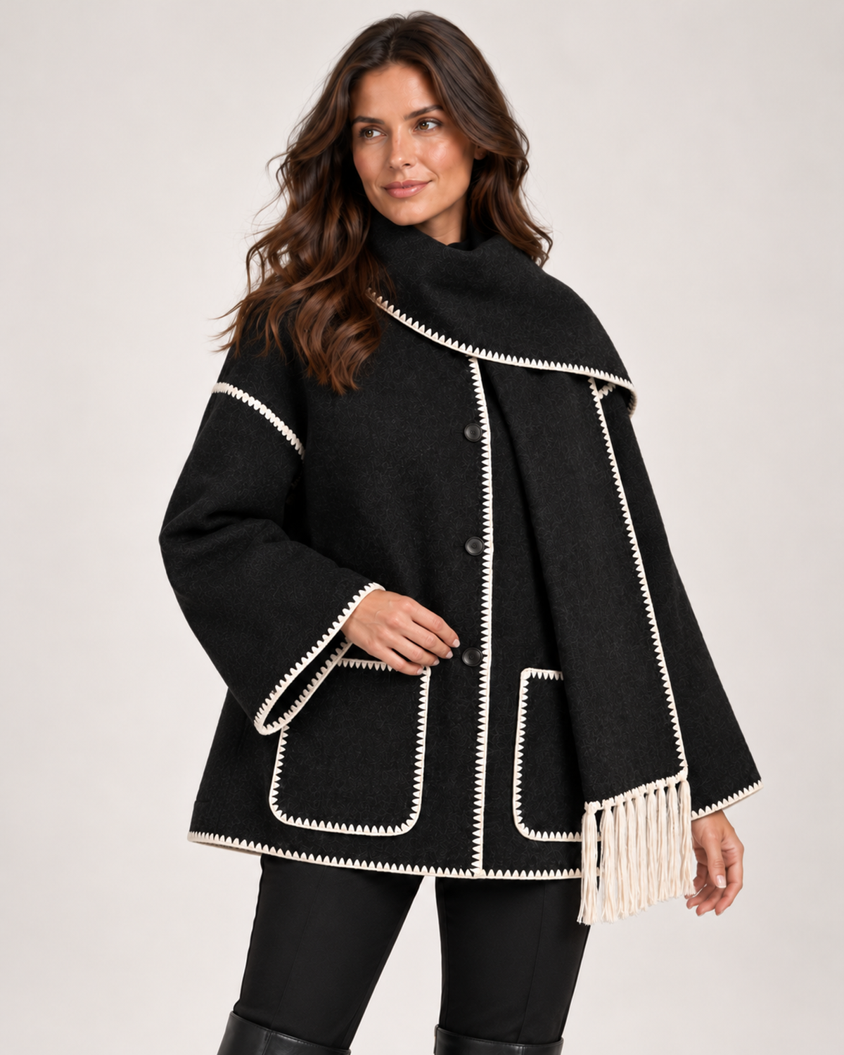 Women's black cape coat three quarter view