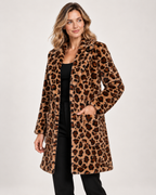 Women's leopard print faux fur coat shown from a three-quarter angle