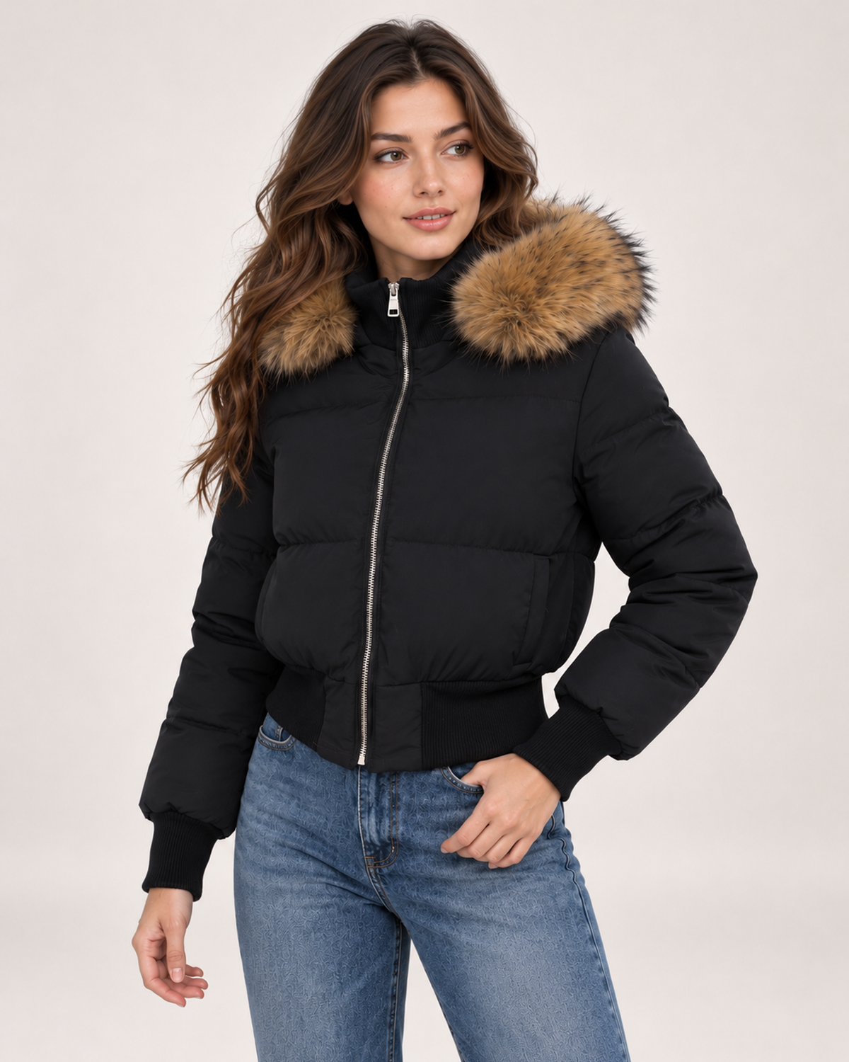Women's black cropped puffer jacket three quarter view