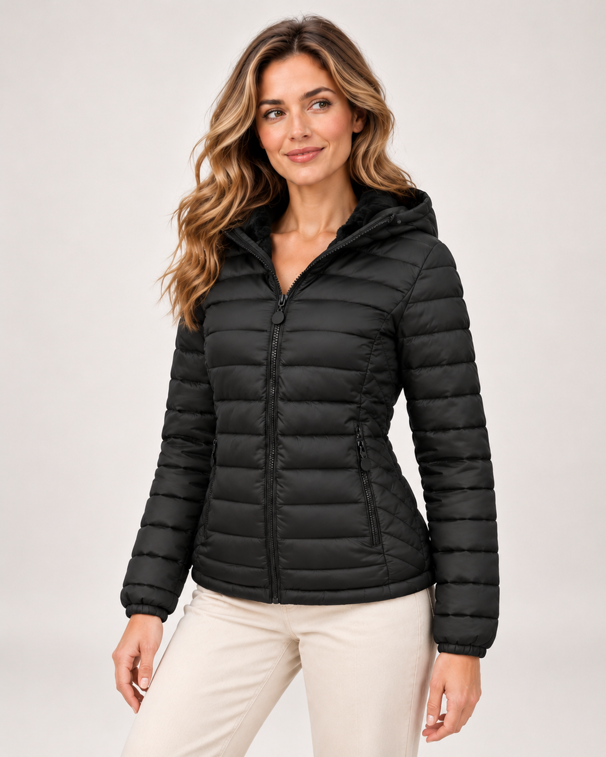 Women's black quilted hooded jacket three quarter view