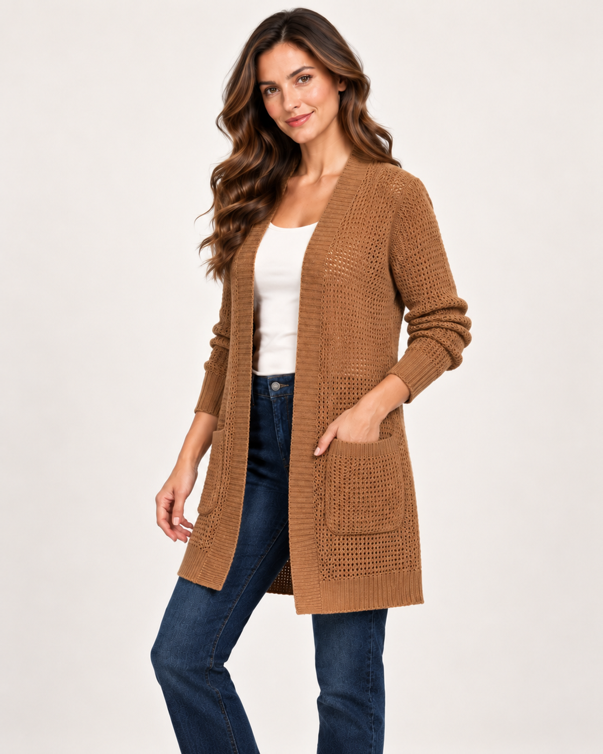 Women's brown open front coatigan three quarter view