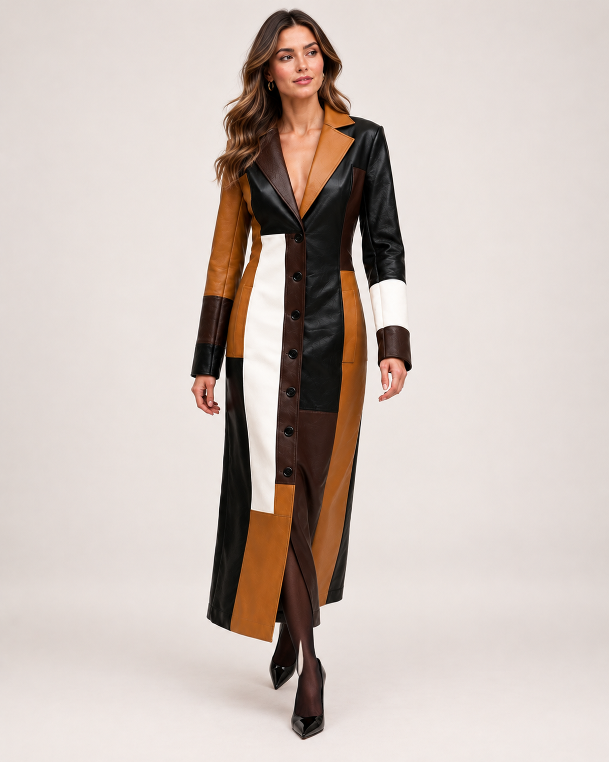 Women's Long Trench Coat with Patchwork Colour Block Design product view