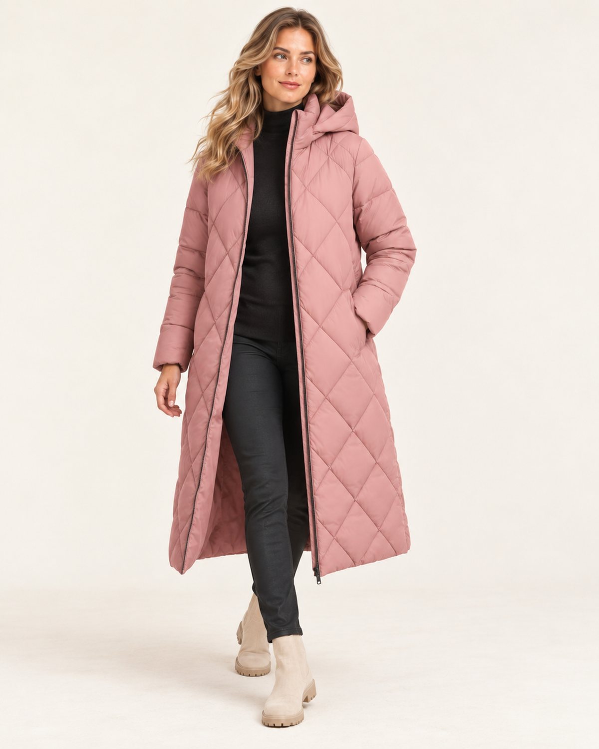 Women's pink long diamond quilted puffer jacket walking view
