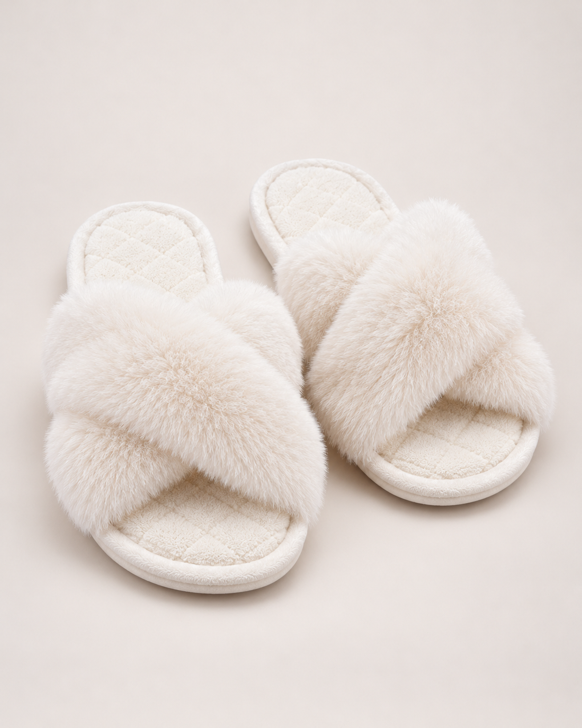 Women’s Fluffy Slippers with Cross Straps and Open Toe in White, product only view