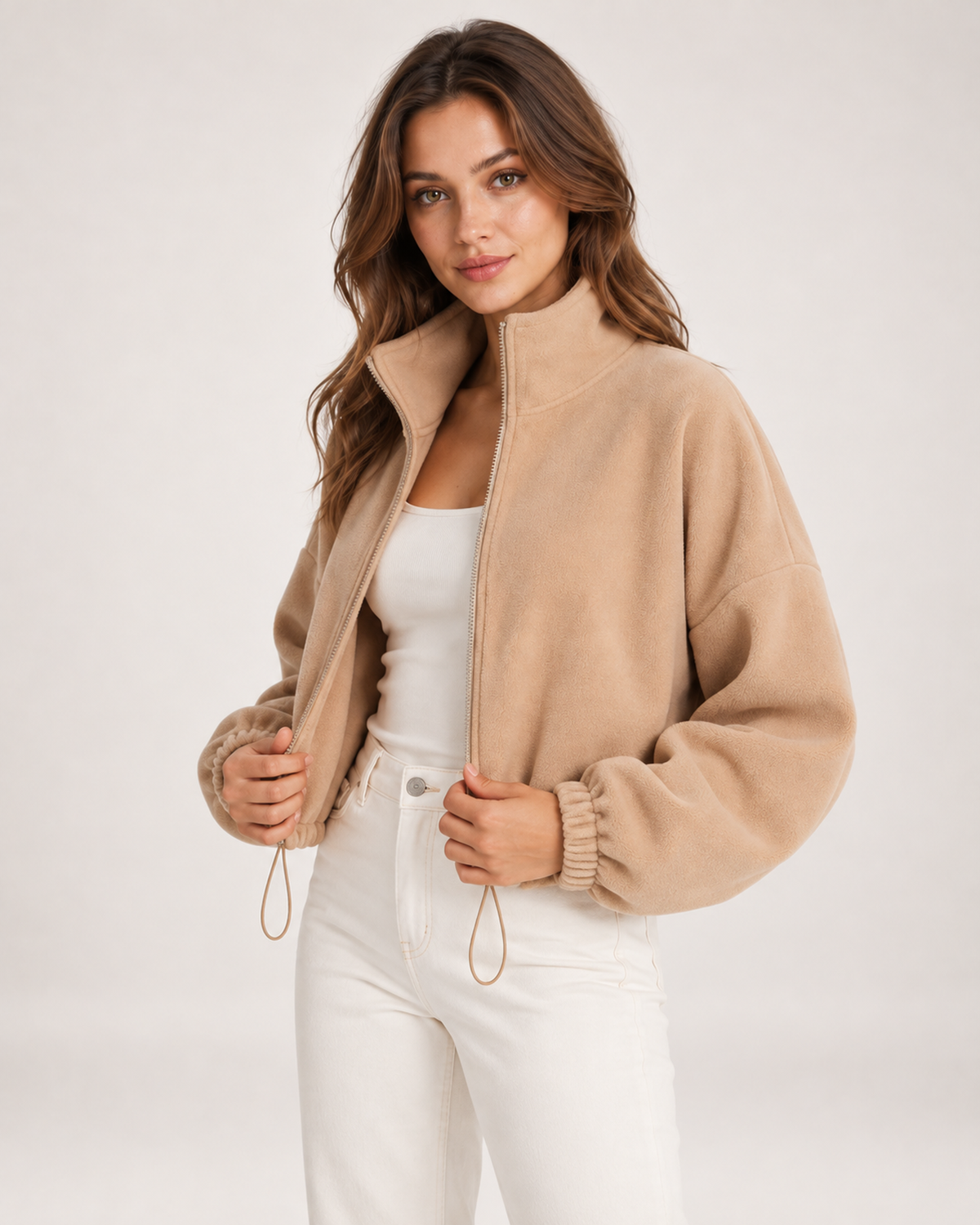 Women’s beige fleece jacket open three quarter view