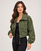 Women's Cropped Utility Jacket with Stand Collar and Chest Pockets three quarter view