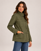 Women's army green utility jacket three quarter view
