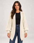 Women's Balloon Sleeve Cardigan with Chunky Knit three quarter view