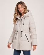 Women's Padded Coat with Hood and Drawstring Waist three quarter view