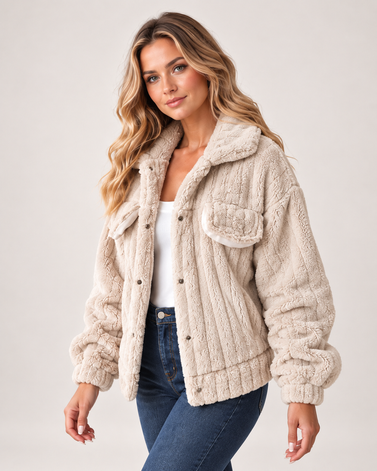 Women's Borg Jacket with Collar and Chest Pockets three quarter view