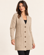 Women's beige cable knit button front coatigan three quarter view