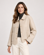 Women’s Short Jacket with Button Front and Patch Pockets in Beige, lower body product focus view