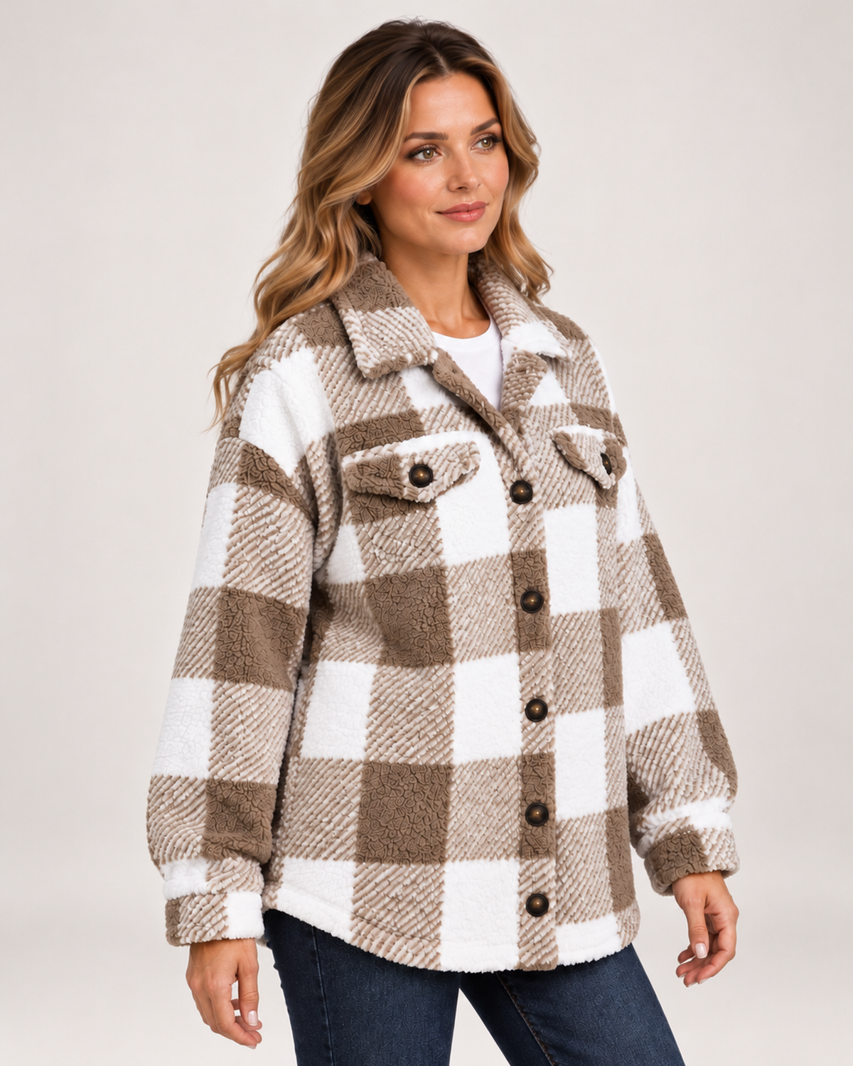 Women's Fleece Jacket with Checked Pattern and Button Front product view