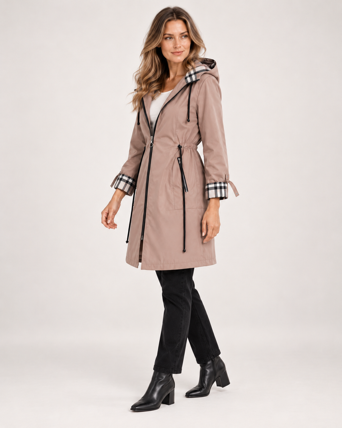 Women's Raincoat with Hood, Checked Trim and Belt product view