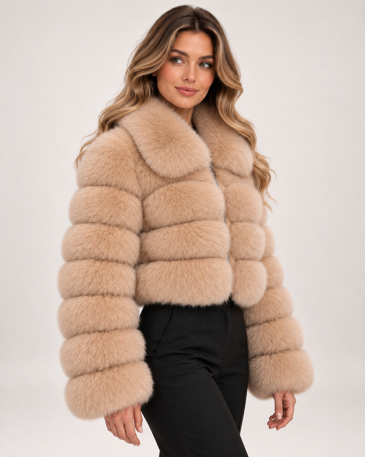 Women's Faux Fur Jacket with Cropped Shape and Wide Collar product view