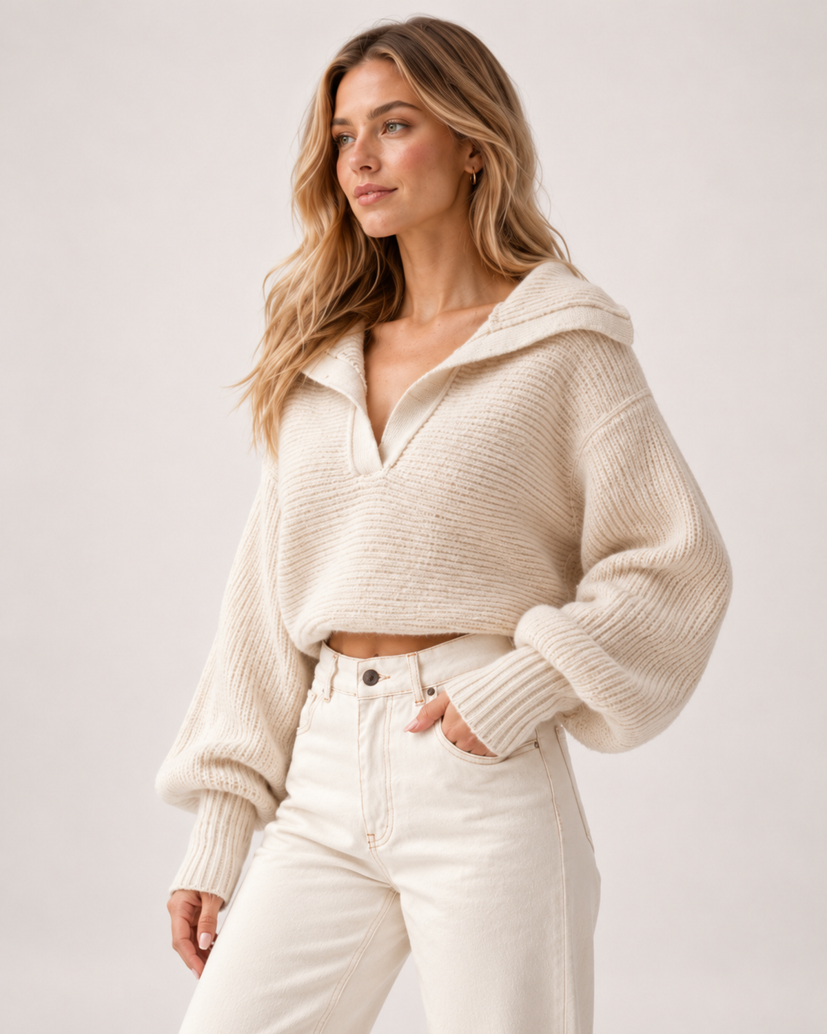 Women's Cropped Jumper Half Zip Chunky Knit Style product view