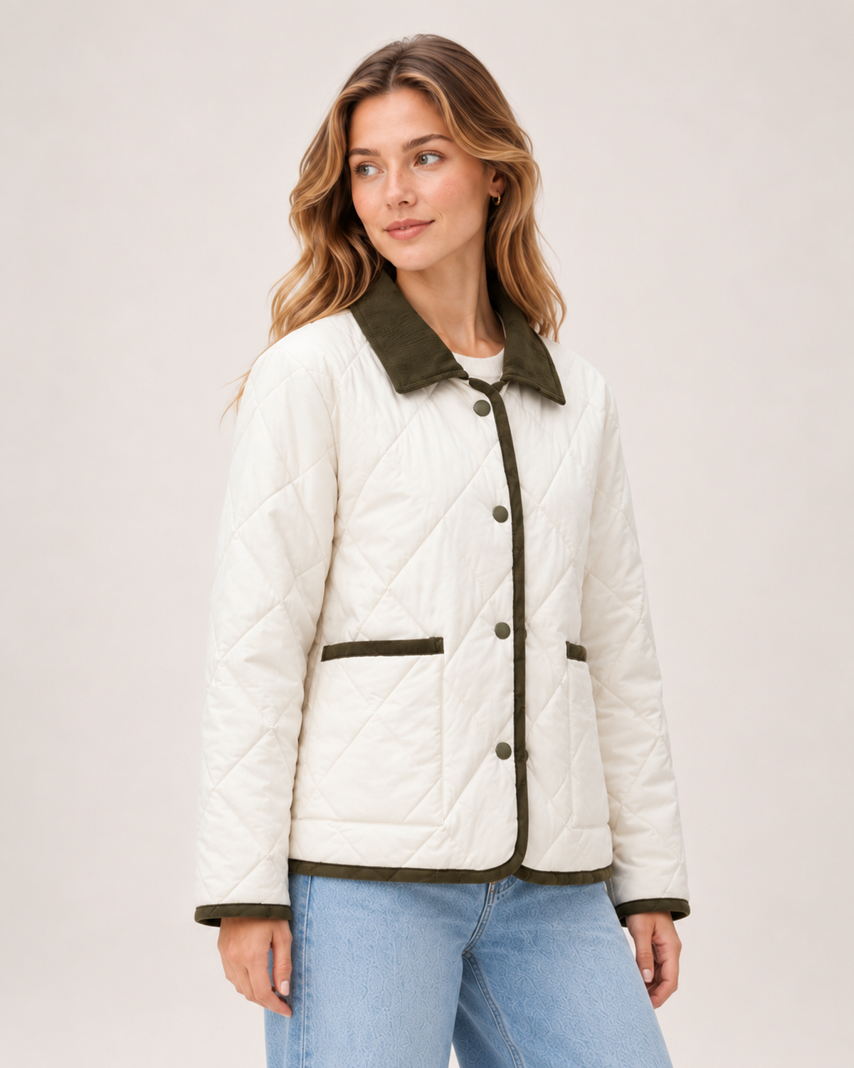 Women's Quilted Jacket – Lightweight Contrast Trim Button-Up Coat product view
