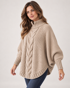Women's Cable Knit Jumper with High Neck and Batwing Sleeves product view