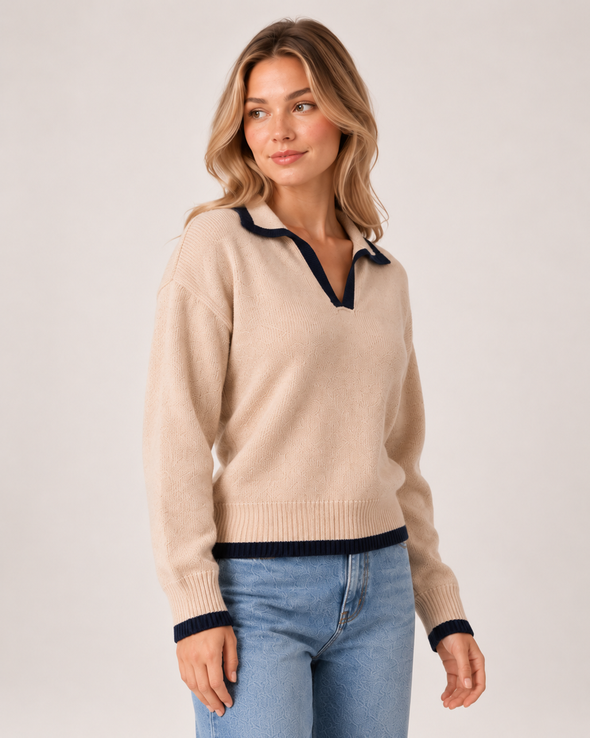Women's V Neck Collared Knitted Jumper product view