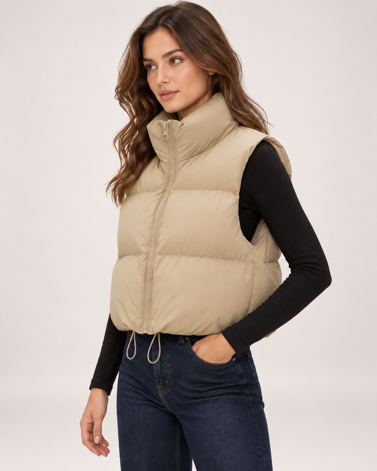 Women's beige cropped puffer gilet side view