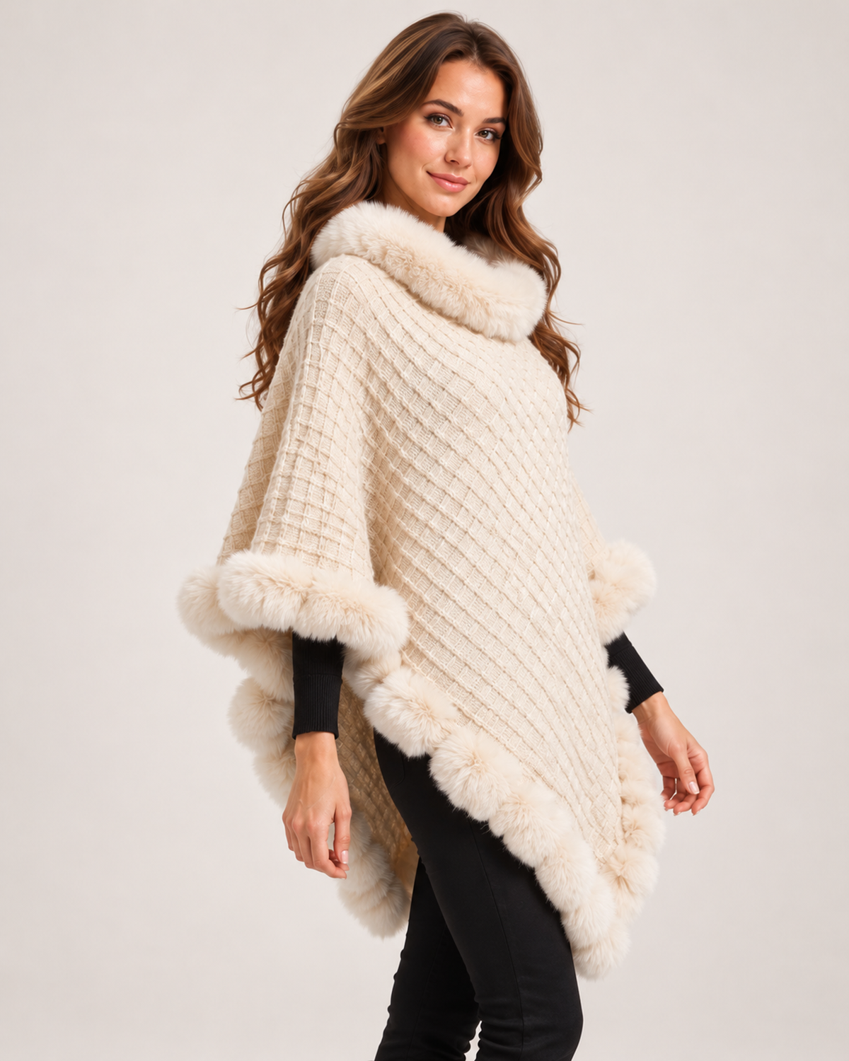 Women's beige cape coat with faux fur trim three quarter view