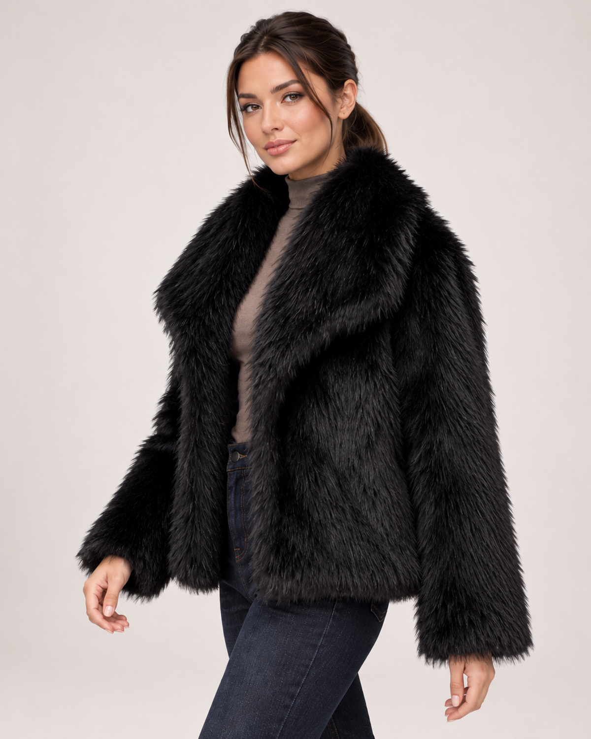 Women's Faux Fur Jacket with Wide Lapel Collar three quarter view