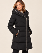 Women's black long puffer jacket with asymmetric zip three quarter view
