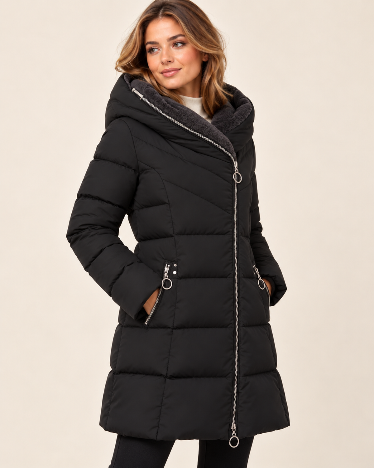 Women's black long puffer jacket with asymmetric zip three quarter view