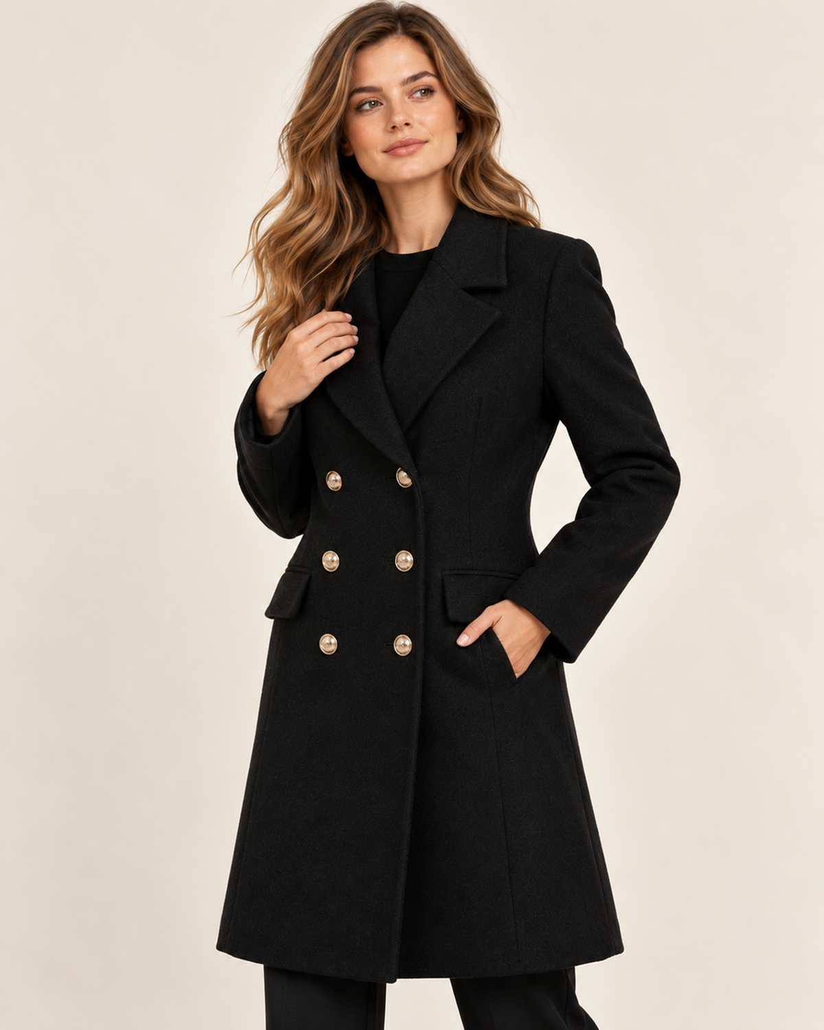 Women's black double breasted lapel coat three quarter view