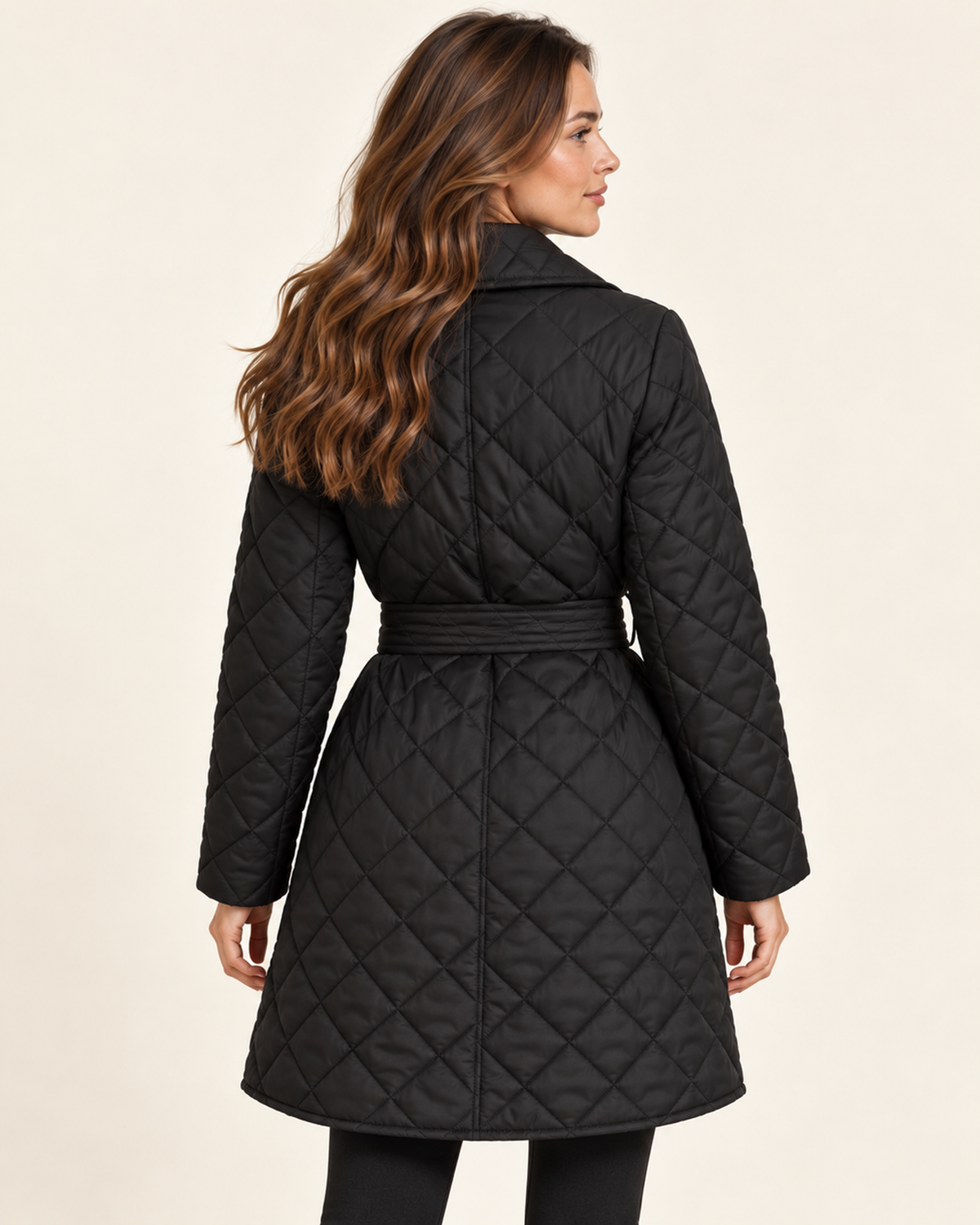 Women's black quilted belted lapel coat back view