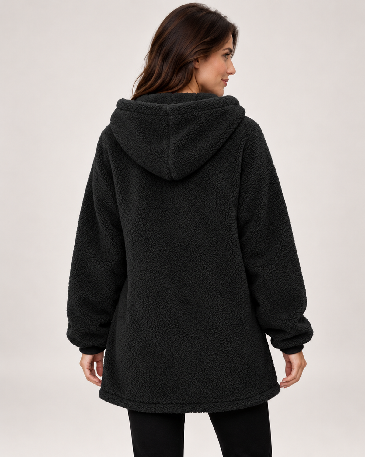Women's black fleece hooded jacket back view