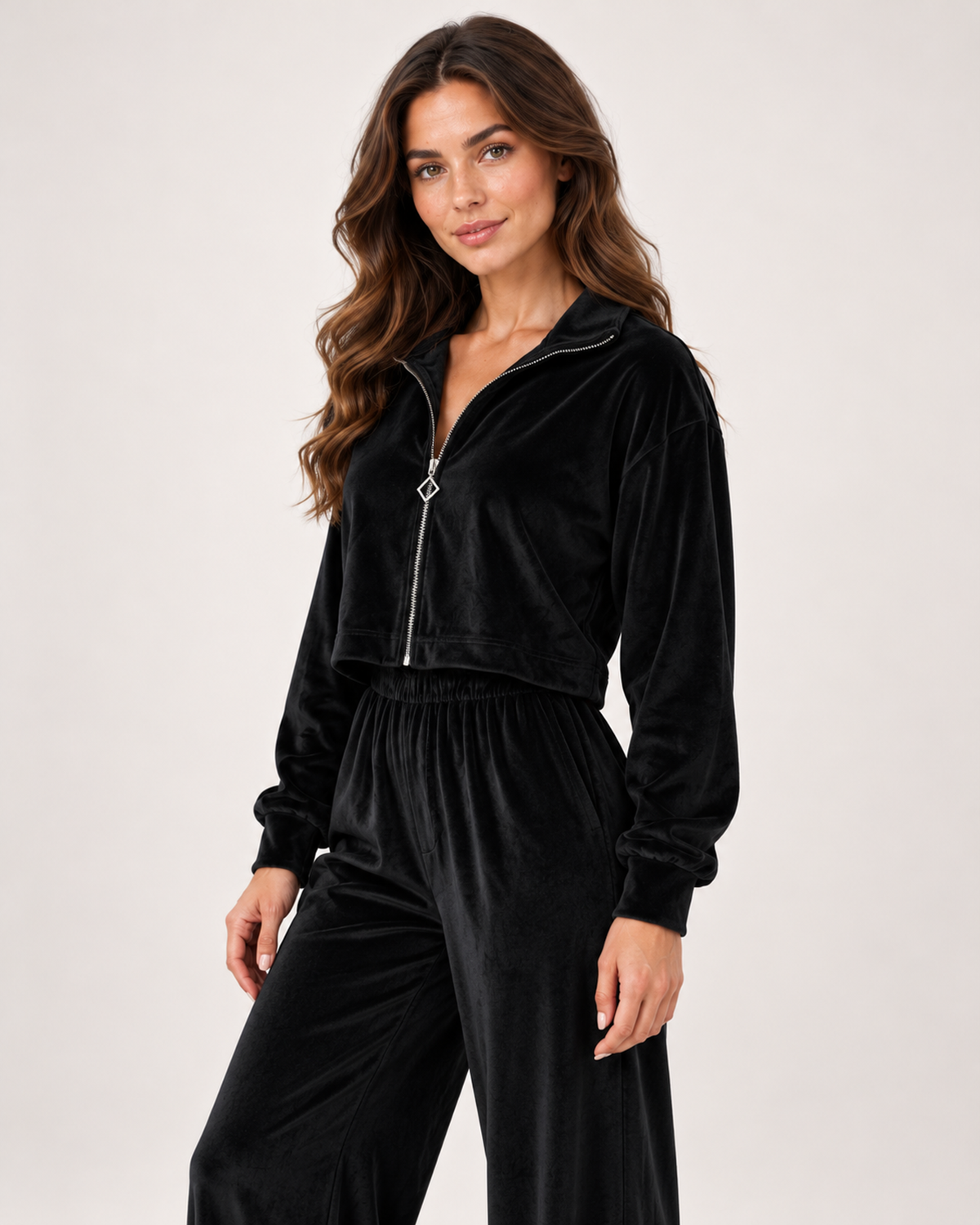 Women’s Loungewear Set with Zip Up Top and Wide Leg Trousers in Black, full body view