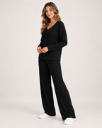 Women's Co-Ord Set with Ribbed V-Neck Top and Wide Leg Trousers product view