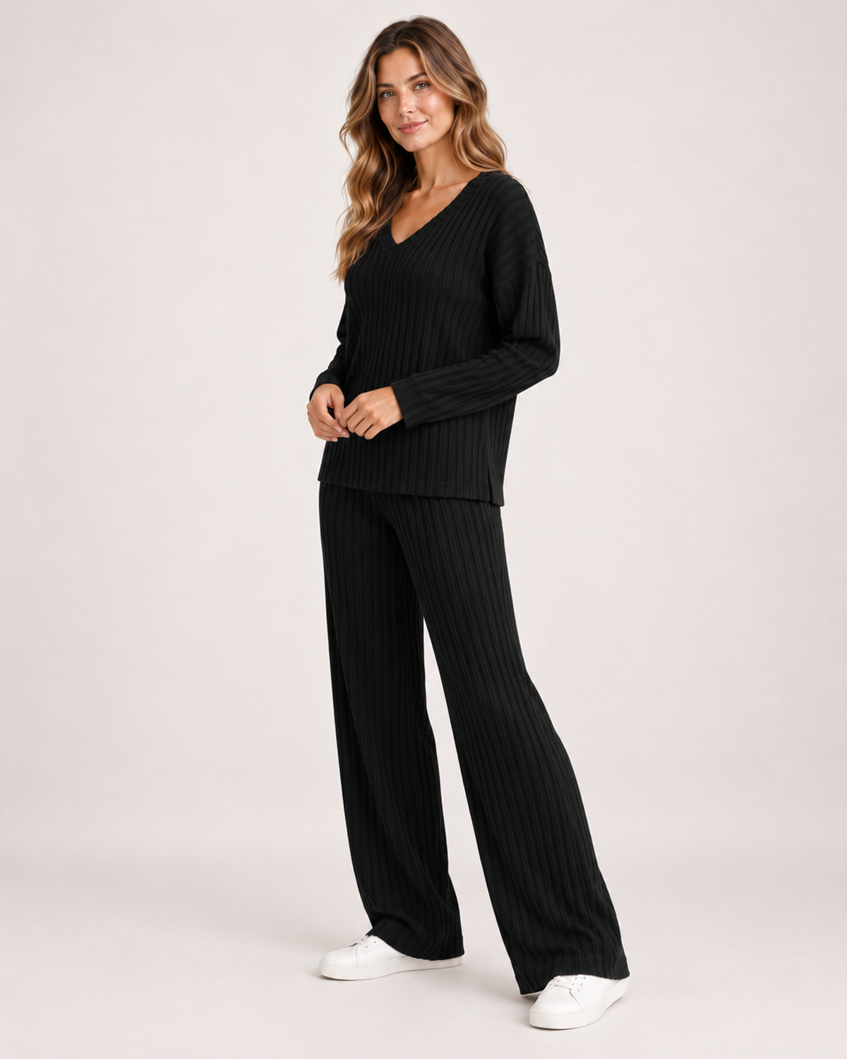 Women's Co-Ord Set with Ribbed V-Neck Top and Wide Leg Trousers product view