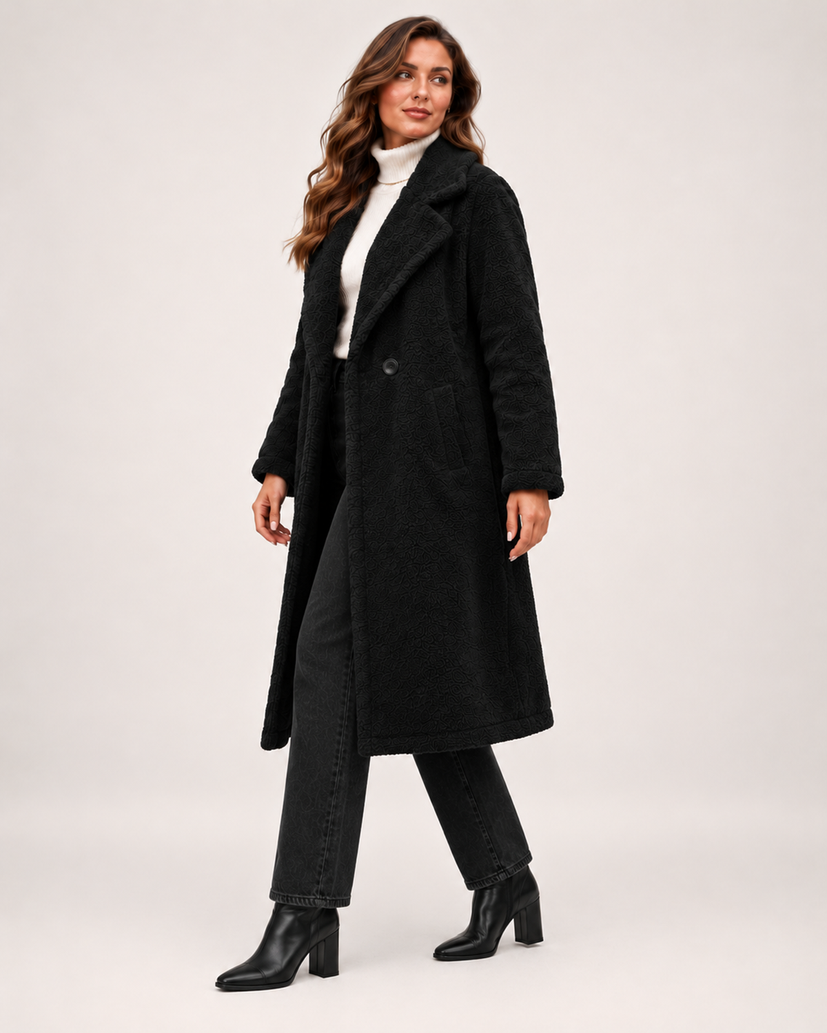 Women's Borg Coat with Long Shape and Lapel Collar product view
