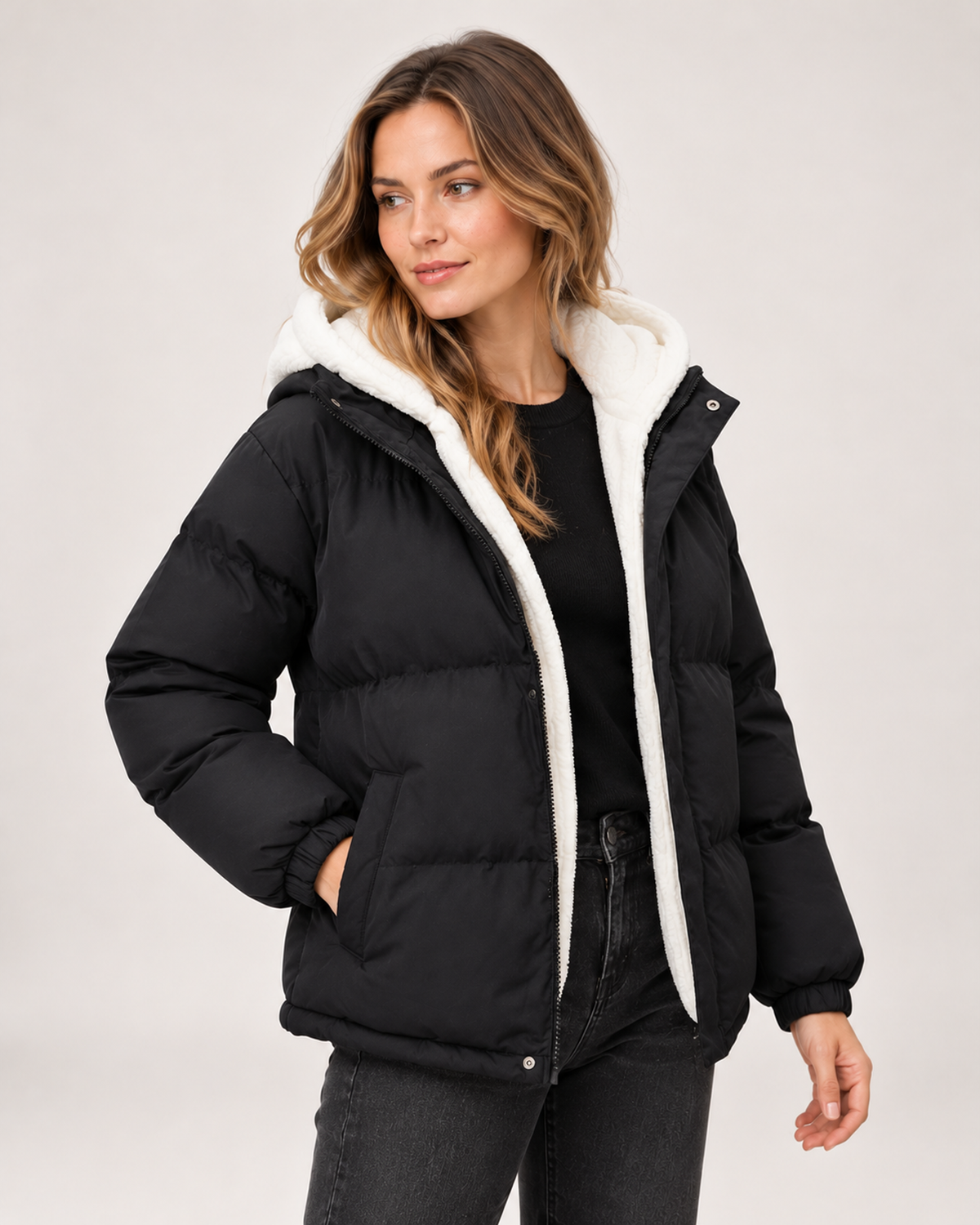 Women's Hooded Puffer Jacket with Teddy Fleece Lining product view