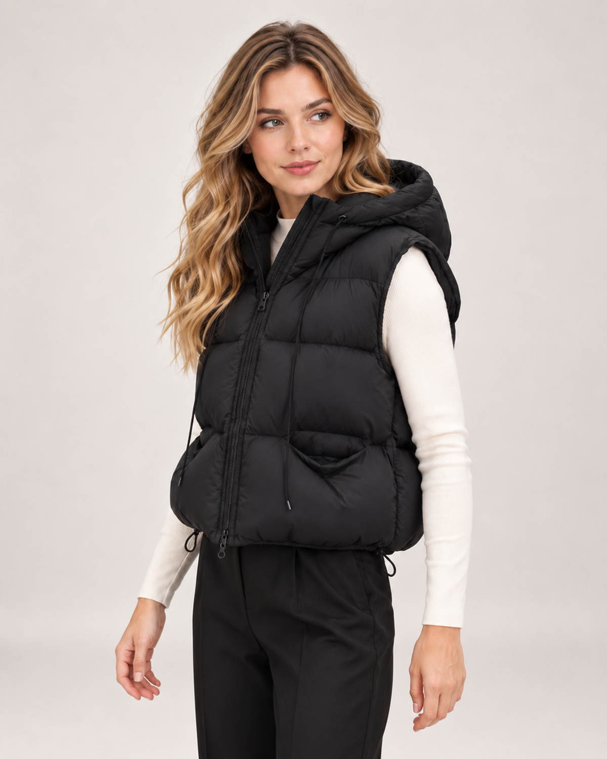 Women's Hooded Gilet with Padded Design and Drawstring Hem product view