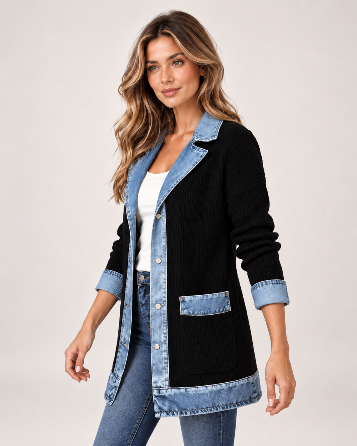 Women's Coatigan with Denim Collar and Button Front product view