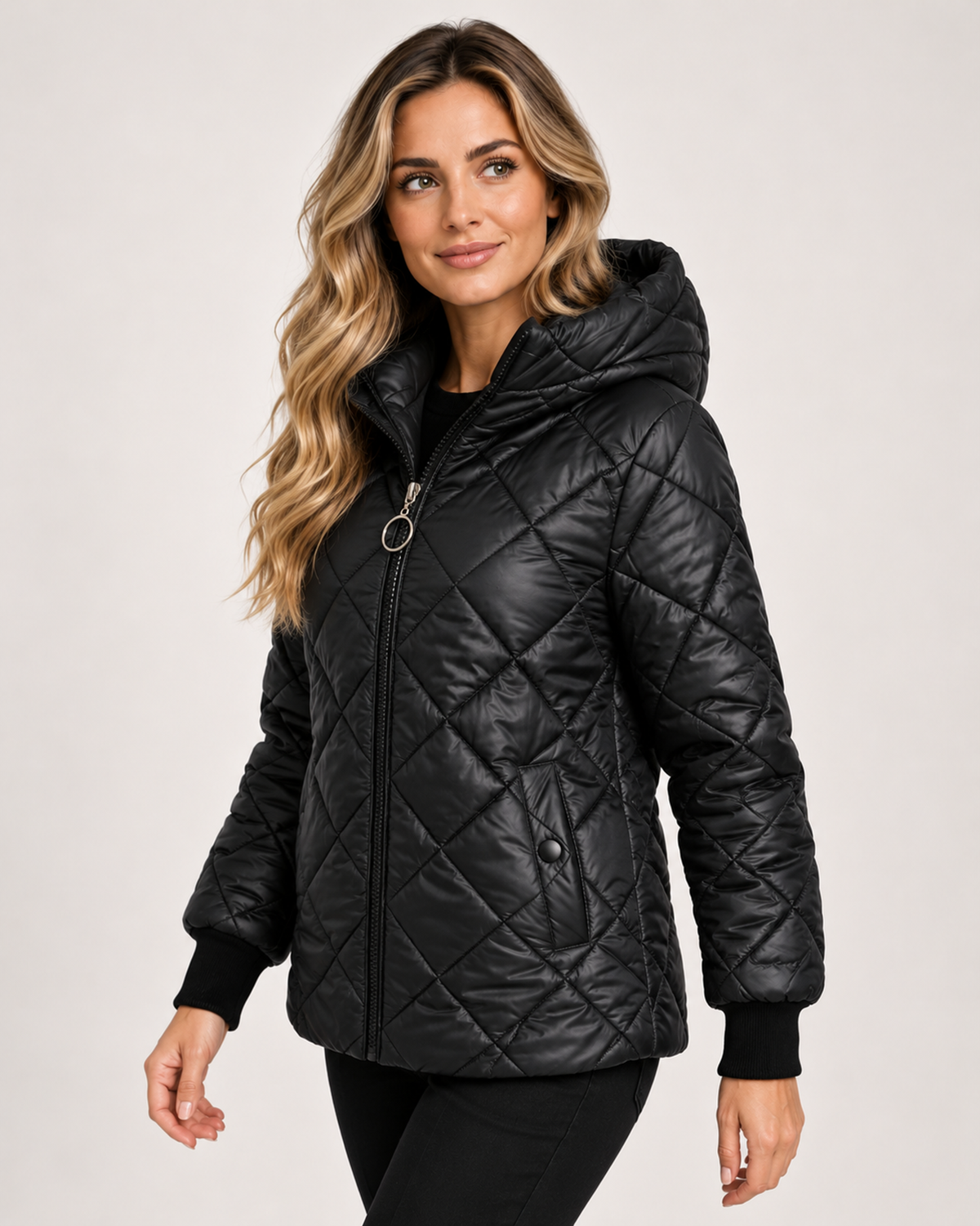 Women's Quilted Jacket with Hood and Zip Front product view