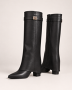 Women's black knee high boots side zip and heel view