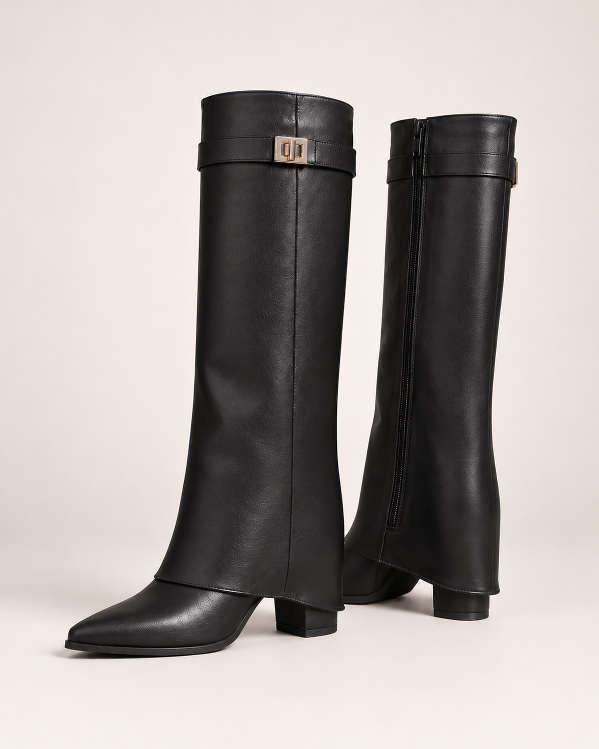 Women's black knee high boots side zip and heel view