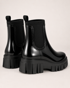 Women's black gloss Chelsea Wellington boots rear angle