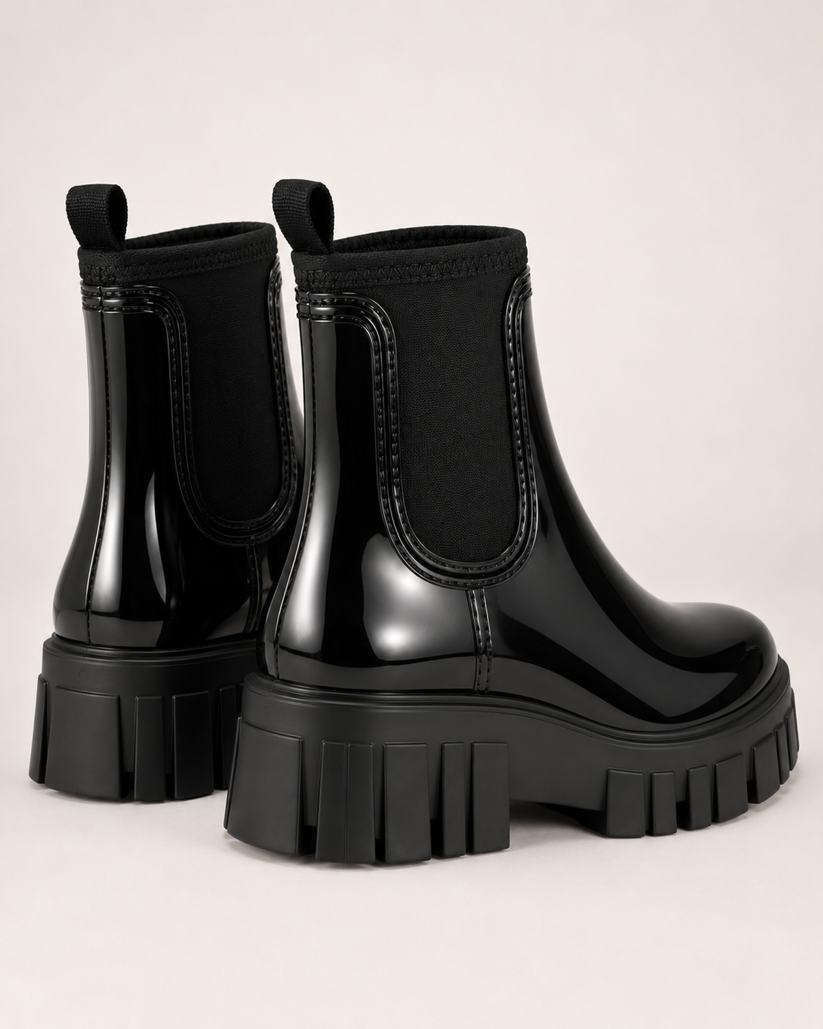 Women's black gloss Chelsea Wellington boots rear angle