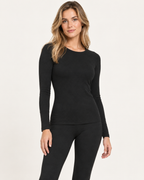 Women's black crew neck thermal base layer set close front view