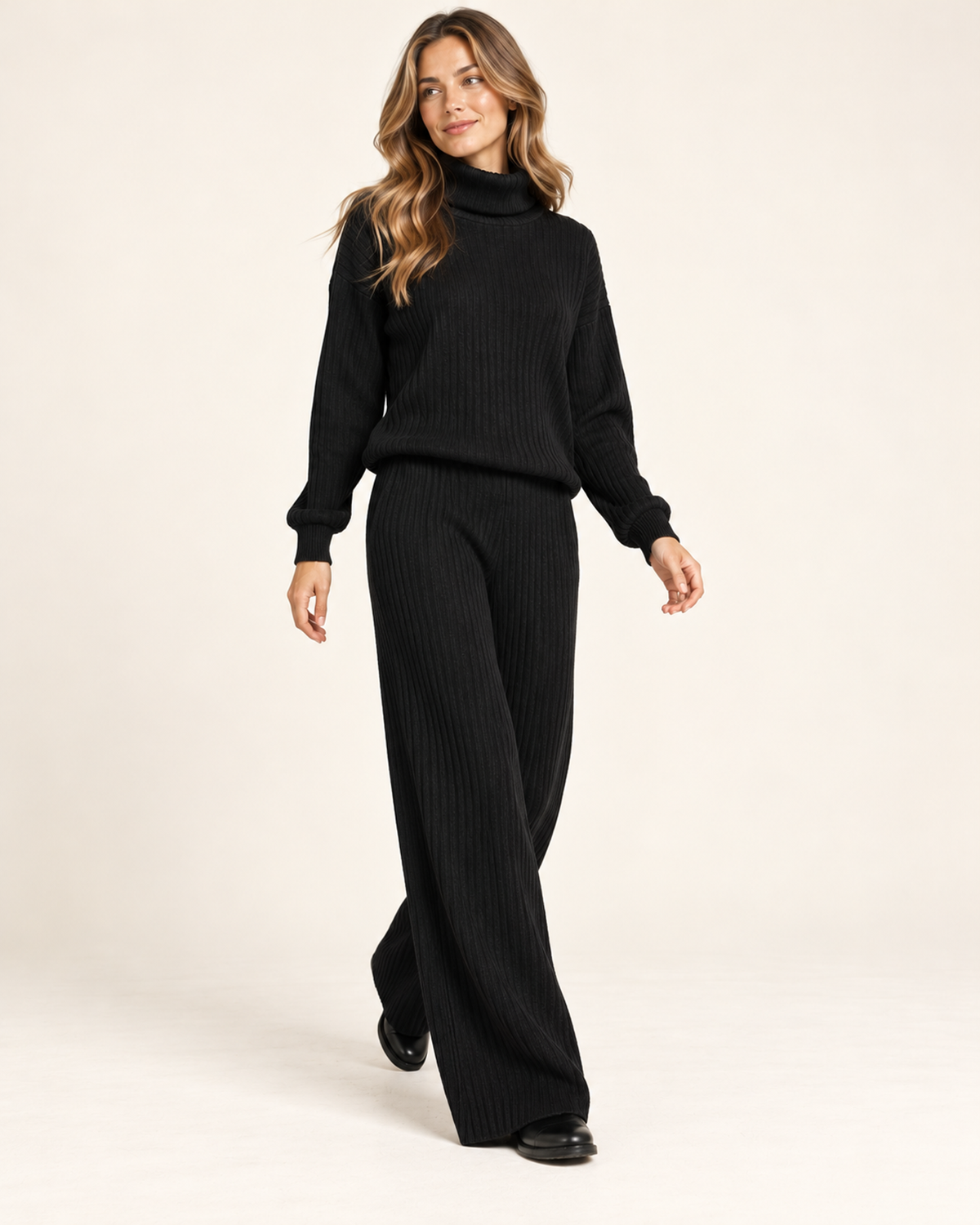 Women's black knitted roll neck co-ord set walking view