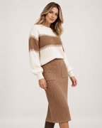 Women's Knitted Co-Ord Set with Colour-Block Jumper and Midi Skirt three quarter view