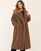 Women's brown long teddy coat three quarter view